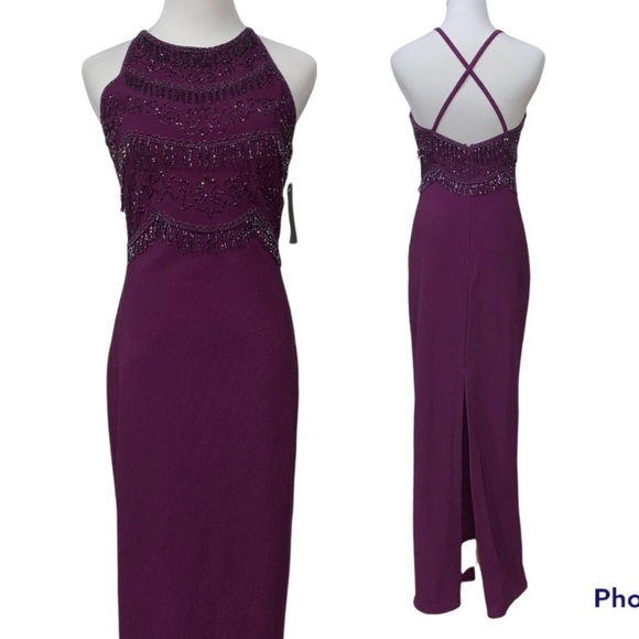 Prom Dress Adrianna Papell Evening PROM Snowball Rib Fringed Dress Plum Sz 6 - Picture 5 of 8
